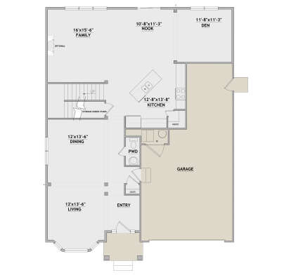 Main floor plan drawing with kitchen, nook, den, family room, dining, living, PWD, pantry, stairs, and 2-car garage. House Plan # 8768-00259