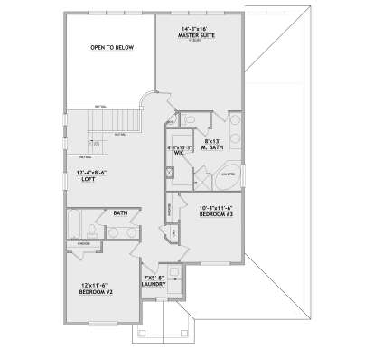 Second-floor plan drawing with 3BR, 2BA, loft, WIC, Ldry, stairs, and open-to-below area. House Plan # 8768-00259