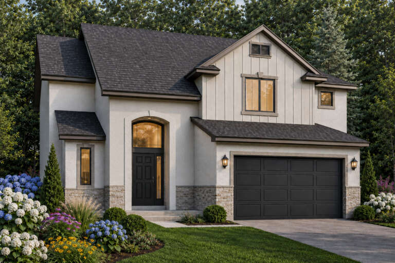 Angled front view of a white house, board-and-batten and stucco siding, stone base, dark garage, and arched entryway. House Plan # 8768-00260