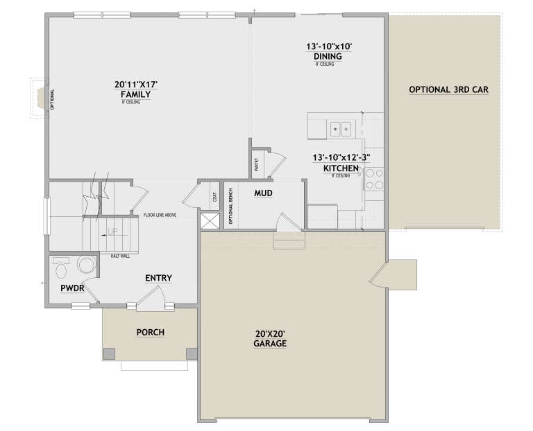 Main floor plan drawing with family room, kitchen, dining, mudroom, powder room, 2-car garage, opt 3rd car, and porch. House Plan # 8768-00260