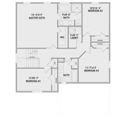 Second-floor plan drawing with 4BR, 2BA, WIC, Ldry, stairs, and linen closets. House Plan # 8768-00260
