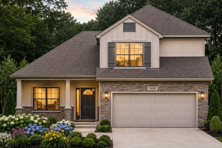 Front view of a beige Traditional house, stone veneer, board-and-batten siding, dark shutters, and lush landscaping. House Plan # 8768-00261