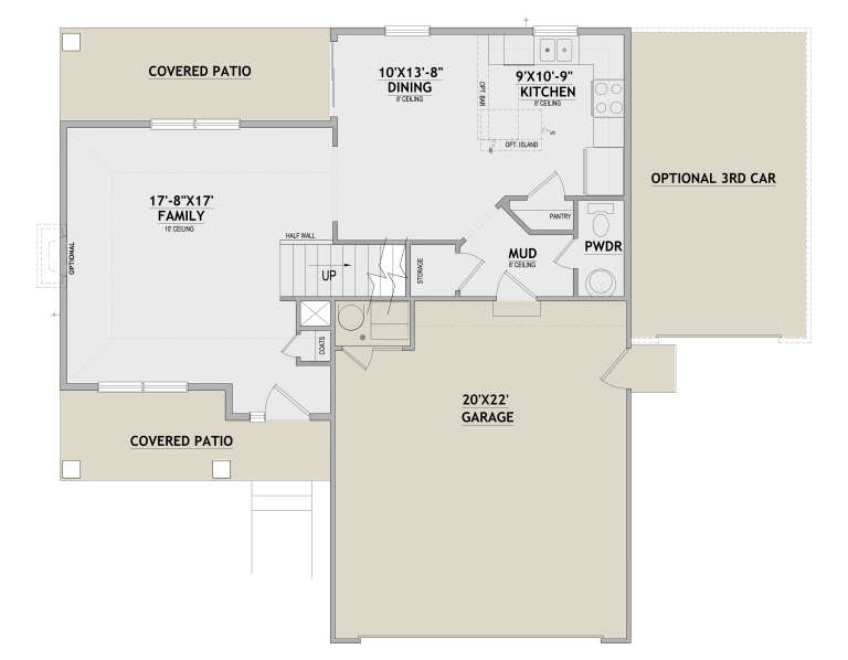 Main floor plan drawing with family room, kitchen, dining, mudroom, powder room, pantry, 2-car garage, and covered patio. House Plan # 8768-00261