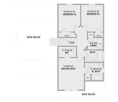 Second-floor plan drawing with 3BR, 2BA, Master Suite, WIC, Ldry, linen closets, and stairs. House Plan # 8768-00261