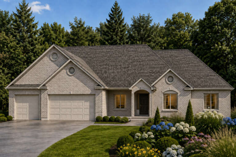 Front view of a grey brick Traditional house, gabled roof, arched entryway, circular windows, and lush landscaping. House Plan # 8768-00262