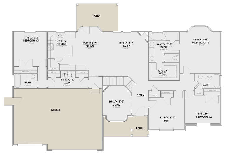 Main floor plan drawing with 3BR, 3BA, den, vaulted kitchen/dining/family, WIC, Ldry, garage, porch, and patio. House Plan # 8768-00262