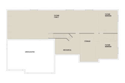Basement floor plan drawing with future family room, 2 future BR, future BA, storage, mechanical, stairs, unexcavated area. House Plan # 8768-00262