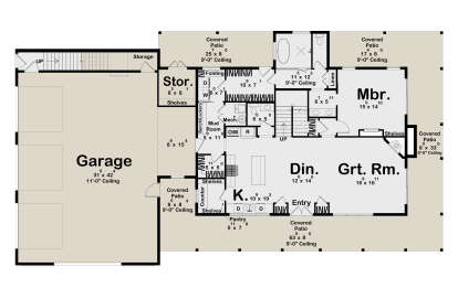 Main floor plan drawing with 1BR, 2BA, kitchen, great room, dining, mudroom, pantry, 3-car garage, and 4 covered patios. House Plan # 963-01347