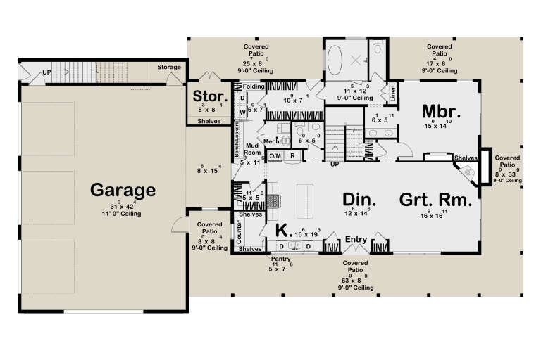 Main floor plan drawing with 1BR, 2BA, kitchen, great room, dining, mudroom, pantry, 3-car garage, and 4 covered patios. House Plan # 963-01347