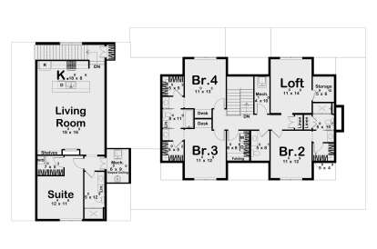Second-floor plan drawing with 3BR, 2BA, loft, kitchen, living room, laundry, storage, desk area, and stairs. House Plan # 963-01347