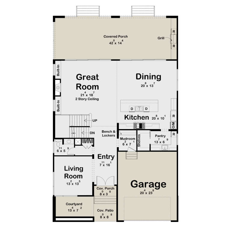 Main floor plan drawing with great room, dining, kitchen, pantry, mudroom, living room, 1BA, 2-car garage, and porches. House Plan # 963-01348