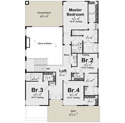 Second-floor plan drawing with 4BR, 3BA, loft, laundry, covered deck, deck, open-to-below, 10' ceilings, and stairs. House Plan # 963-01348