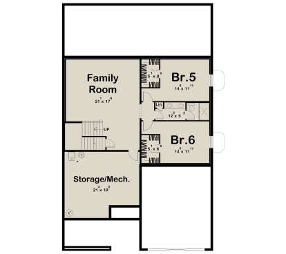 Basement floor plan drawing with 2BR, 1BA, family room, storage/mech room, closets, and stairs. House Plan # 963-01348