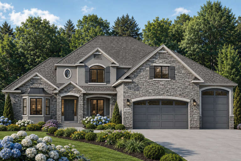 Front view of a grey Traditional house, stone and stucco facade, arched garage, bay window, and lush landscaping. House Plan # 8768-00263