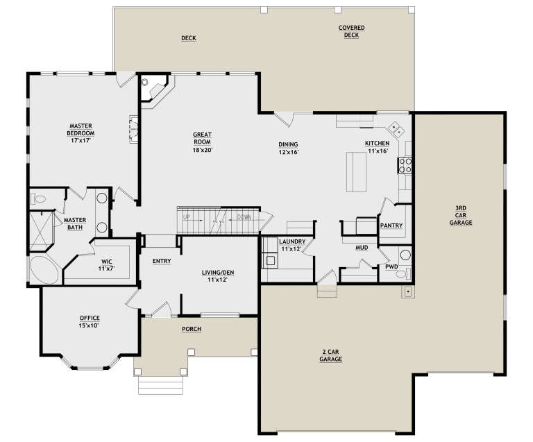 Main floor plan drawing with 1BR, master bath, WIC, great room, kitchen, dining, office, 3-car garage, deck, and porch. House Plan # 8768-00263
