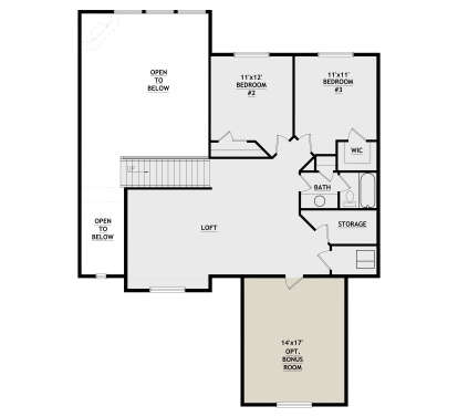 Second-floor plan drawing with 2BR, 1BA, loft, opt. bonus room, WIC, storage, stairs, and open-to-below areas. House Plan # 8768-00263