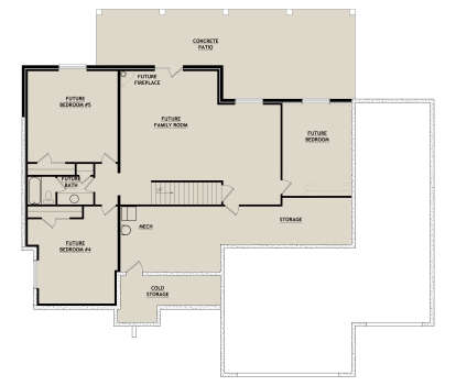 Basement floor plan drawing with 3 future BR, 1 BA, family room, fireplace, storage, cold storage, mech, and patio. House Plan # 8768-00263
