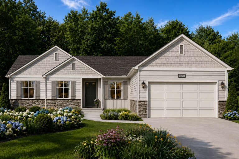 Front view of a gray Traditional house, stone accents, shake siding, gabled roof, shutters, and lush garden landscaping. House Plan # 8768-00264
