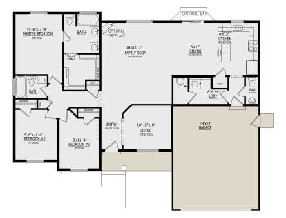 Main floor plan drawing with 3BR, 2.5BA, vaulted kitchen/living/family room, opt fireplace, pantry, Ldry, 2-car garage. House Plan # 8768-00264