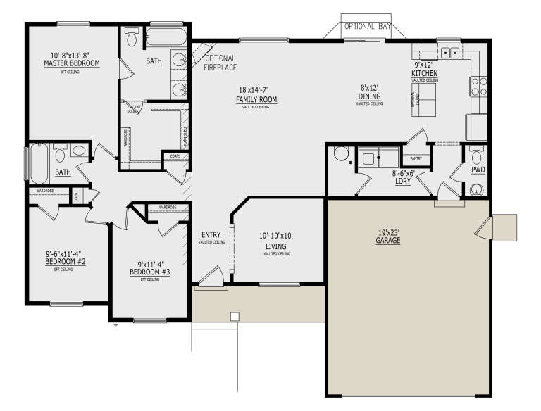 Main floor plan drawing with 3BR, 2.5BA, vaulted kitchen/living/family room, opt fireplace, pantry, Ldry, 2-car garage. House Plan # 8768-00264