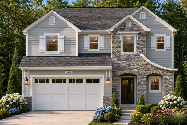 Front view of a gray house, stone accents, white shutters, two-car garage, arched entryway, and lush landscaping. House Plan # 8768-00265