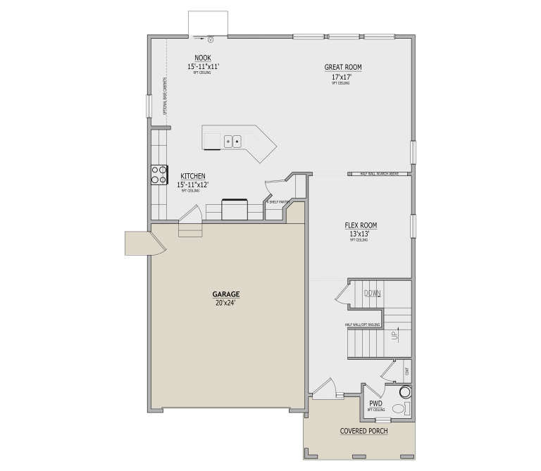 Main floor plan drawing with kitchen, nook, great room, flex room, 1/2 bath, 2-car garage, stairs, and covered porch. House Plan # 8768-00265