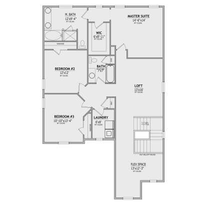 Second-floor plan drawing with 3BR, 2BA, loft, flex space, WIC, Ldry, and stairs. House Plan # 8768-00265