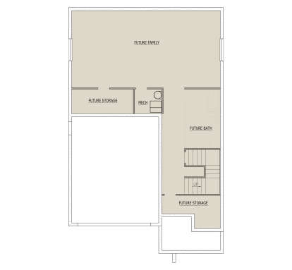 Basement floor plan drawing with future family room, future bath, mech room, storage areas, and stairs. House Plan # 8768-00265