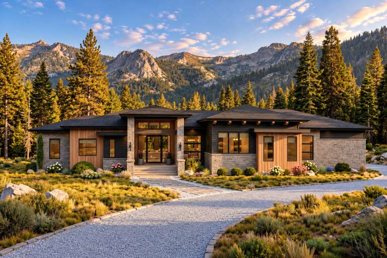 Front view of a grey and wood Modern house, stone accents, low-pitched roof, large windows, and mountain backdrop. House Plan # 963-01349