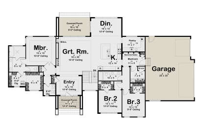 Main floor plan drawing with 3BR, 2BA, Grt. Rm, kitchen, dining, pantry, mudroom, 3-car garage, 2 porches, and Ldry. House Plan # 963-01349