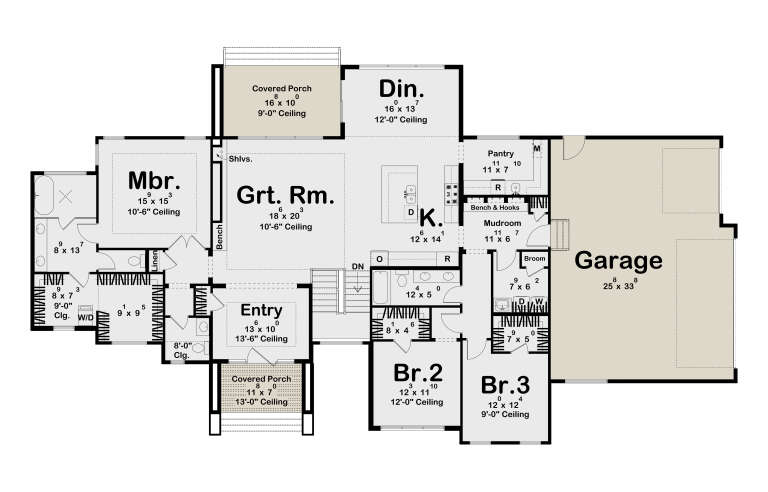 Main floor plan drawing with 3BR, 2BA, Grt. Rm, kitchen, dining, pantry, mudroom, 3-car garage, 2 porches, and Ldry. House Plan # 963-01349