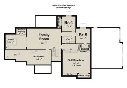 Basement floor plan drawing with 2BR, 1BA, family room, wet bar, wine cellar, golf simulator, storage, and stairs. House Plan # 963-01349