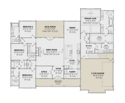 Main floor plan drawing with 4BR, 3BA, great room, kitchen, office, pantry, mudroom, 2-car garage, vaulted ceilings, porches. House Plan # 7983-00216