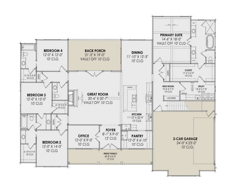 Main floor plan drawing with 4BR, 3BA, great room, kitchen, office, pantry, mudroom, 2-car garage, vaulted ceilings, porches. House Plan # 7983-00216