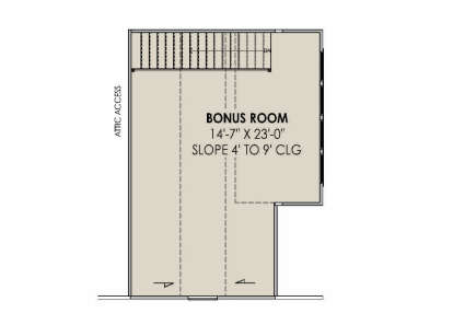 Bonus room floor plan drawing with stairs, attic access, and sloped ceilings from 4' to 9'. House Plan # 7983-00216