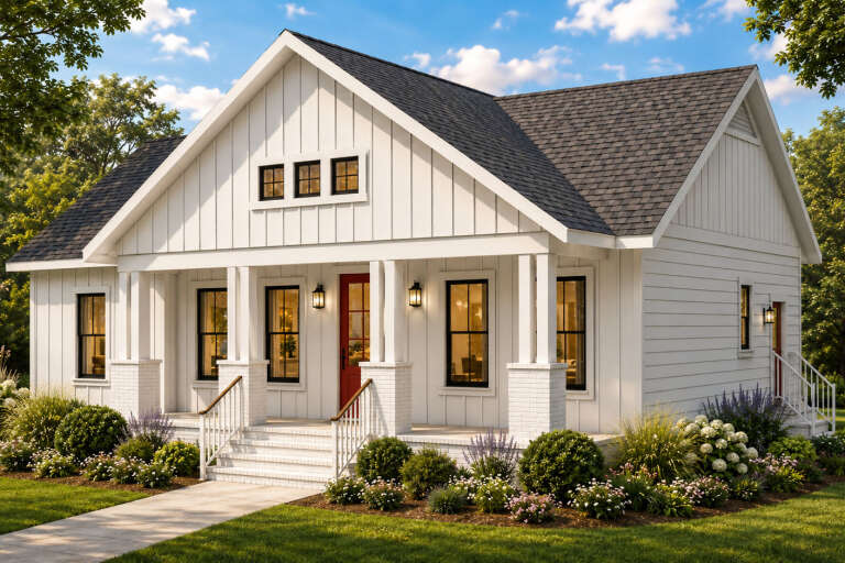 Angled front view of a white house, board-and-batten siding, red door, black windows, covered porch, and lush landscaping. House Plan # 1776-00194