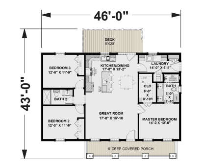 Main floor plan drawing with 3BR, 2BA, great room, kitchen/dining, Ldry, WIC, covered porch, and deck. House Plan # 1776-00194