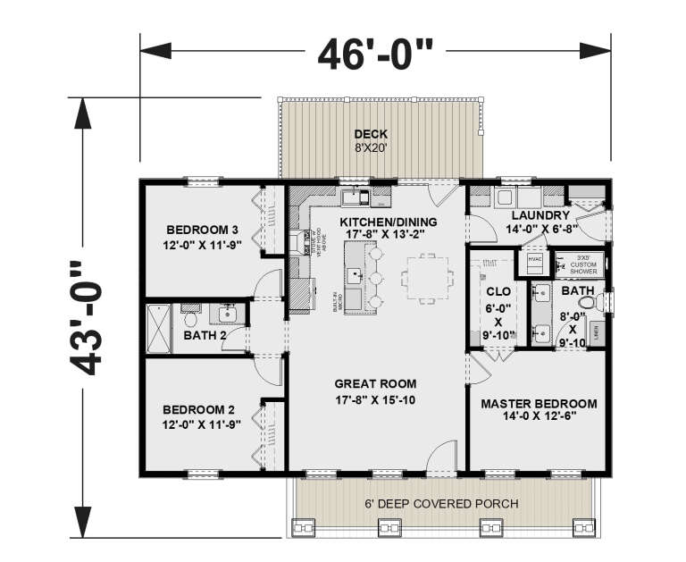 Main floor plan drawing with 3BR, 2BA, great room, kitchen/dining, Ldry, WIC, covered porch, and deck. House Plan # 1776-00194