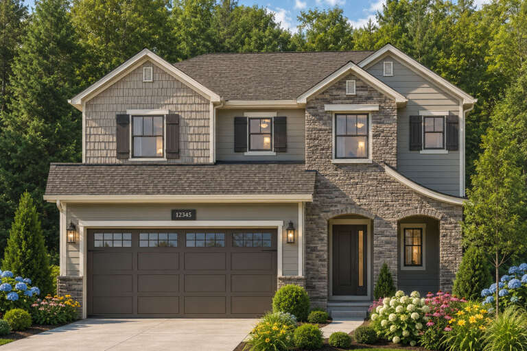 Front view of a gray Traditional house, stone veneer, shake and lap siding, dark shutters, and a two-car garage. House Plan # 8768-00266