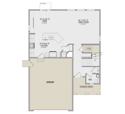 Main floor plan drawing with open kitchen, nook, great room, pantry, PWD, stairs, garage, and covered porch, 9ft ceilings. House Plan # 8768-00266