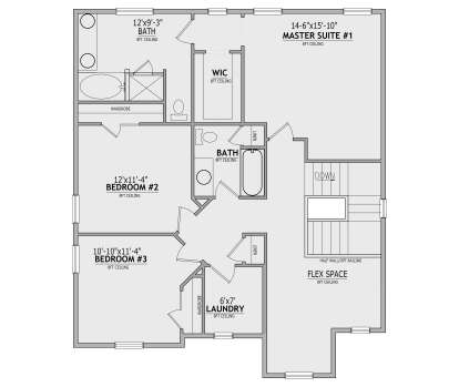 Second-floor plan drawing with 3BR, 2BA, WIC, Ldry, flex space, and stairs. House Plan # 8768-00266