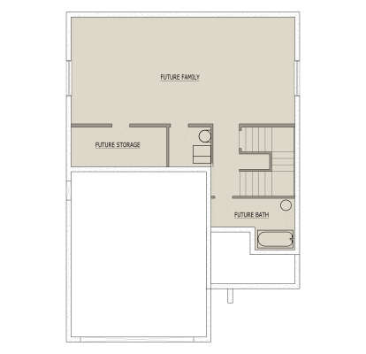 Basement floor plan drawing with future family room, future bath, future storage, and stairs. House Plan # 8768-00266