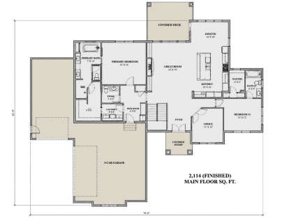 Main floor plan drawing with 2BR, 2.5BA, office, great room, kitchen, pantry, mud room, Ldry, 3-car garage, and deck. House Plan # 7140-00048