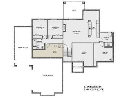 Basement floor plan drawing with 2BR, 1BA, rec room, bar, theater, exercise room, storage, safe, stairs, and patio. House Plan # 7140-00048