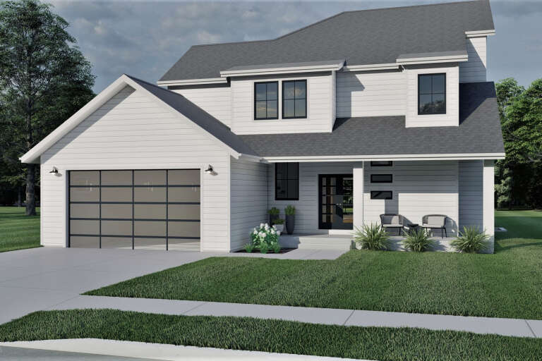 Angled front view of a white house in Modern Farmhouse style, gray roof, glass garage door, and covered front porch. House Plan # 7140-00049