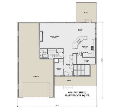 Main floor plan drawing with great room, kitchen, dining, office, mud room, powder room, pantry, stairs, garage, and porch. House Plan # 7140-00049