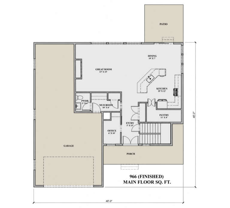 Main floor plan drawing with great room, kitchen, dining, office, mud room, powder room, pantry, stairs, garage, and porch. House Plan # 7140-00049