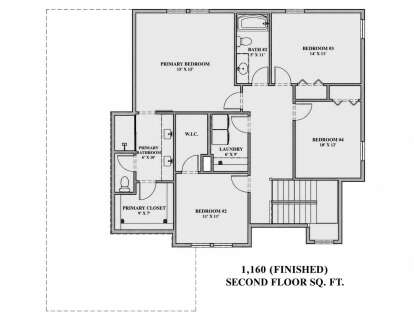 Second-floor plan drawing with 4BR, 2BA, primary WIC, laundry, and stairs. House Plan # 7140-00049