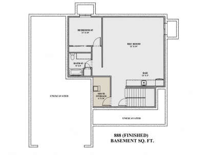 Basement floor plan drawing with 1BR, 1BA, rec room, bar, mech/storage, stairs, and unexcavated areas. House Plan # 7140-00049