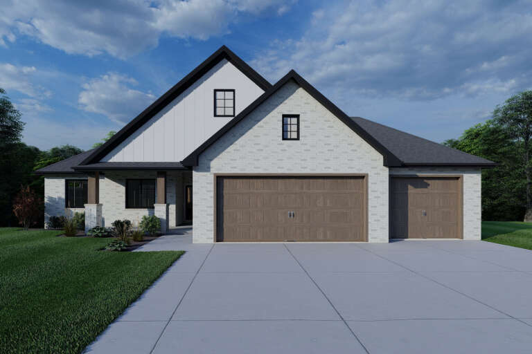 Front view of a white house in Modern Farmhouse style, brick and board-and-batten siding, wood garage doors, gabled roof. House Plan # 7140-00050